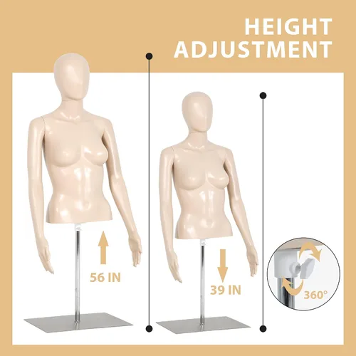 Vista 2 de Torso de maniquí de plástico con soporte, 39-56 pulgadas altura ajustable medio maniquí cuerpo femenino vestido forma maniquí para venta al por