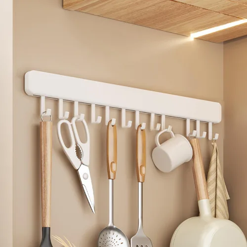 Vista 9 de Soporte para utensilios de cocina, ganchos de cocina, estantes para colgar utensilios de pared, autoadhesivo, debajo del gabinete, organizador