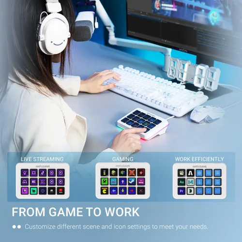 Vista 6 de FIFINE AmpliGame - Controlador de juegos con 15 accesos directos para OBS Streaming Studio con teclas macro, acciones de activación, controlador RGB