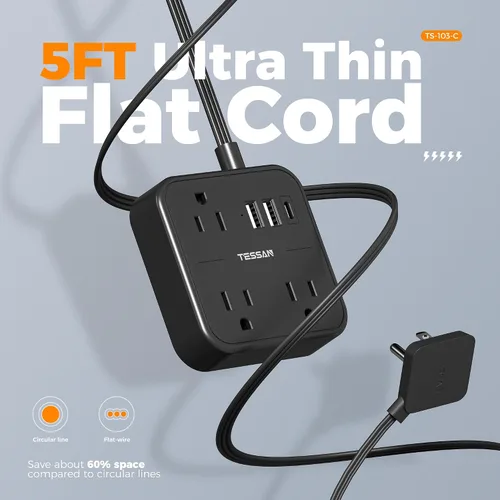 Vista 3 de TESSAN - Cable de extensión plano ultradelgado de 5 pies, color negro Slim Power Strip with USB Ports (1 USB C), Surge Protector, Flat Plug Wall