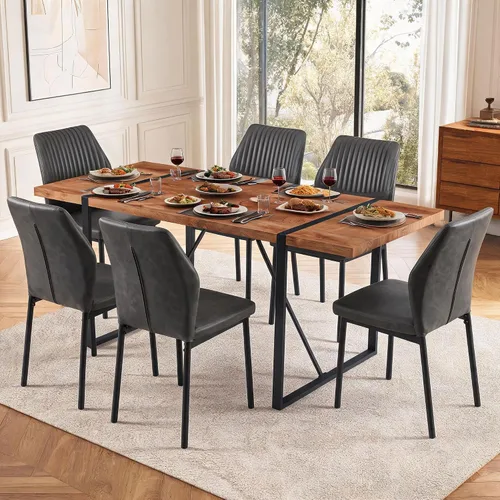 Vista 25 de Juego de mesa de comedor para 4, mesa de comedor rectangular irregular de madera moderna, sillas de comedor de cuero, 4 mesas y sillas, juego de 4