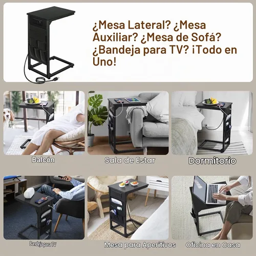 Vista 6 de AMHANCIBLE - Mesa auxiliar en forma de C con estación de carga, juego de bandeja para TV de 2 piezas, mesas de sofá con bolsa de almacenamiento