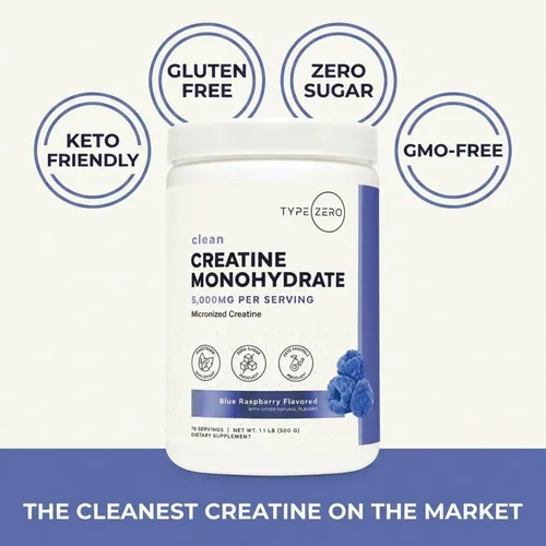 Vista 6 de Type Zero Monohidrato de creatina en polvo, 17.64 oz, sabor a frambuesa azul, sin gluten