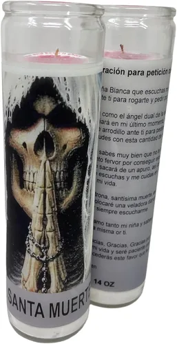 Vista 6 de Santa Muerte 14 oz Vaso Grande UNA pieza Vela de oración de una pieza 14 oz de alto vidrio oración al reverso en español Blanca sin Aroma