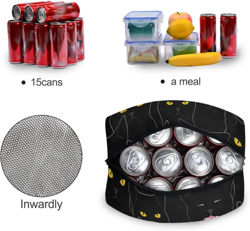 Vista 5 de Sinestour Bolsa de almuerzo con diseño de gato para mujer, bonita bolsa reutilizable, hielera negra aislada para la escuela, oficina, picnic, niños