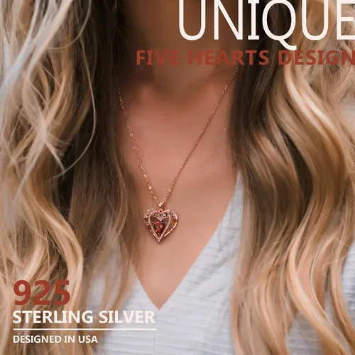 Vista 2 de Collar de cristal de 5 corazones, chapado en oro rosa de 18 quilates, colgante con cadena de plata de ley 925 de 18 + 2 pulgadas, joyería de piedra