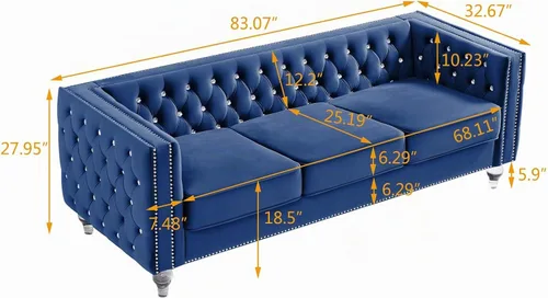 Vista 3 de mikibama Sofá de terciopelo de 3 plazas con botones y brazos cuadrados de 83.07 pulgadas, sofás de 3 asientos con cabeza de clavos recortada y patas