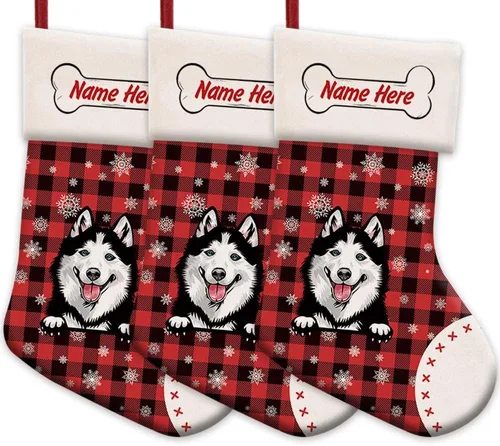 Vista 51 de Foto personalizada, Feliz Navidad, búfalo rojo, a cuadros, feliz perro, calcetín de Navidad, copo de nieve, decoración de vacaciones, calcetín