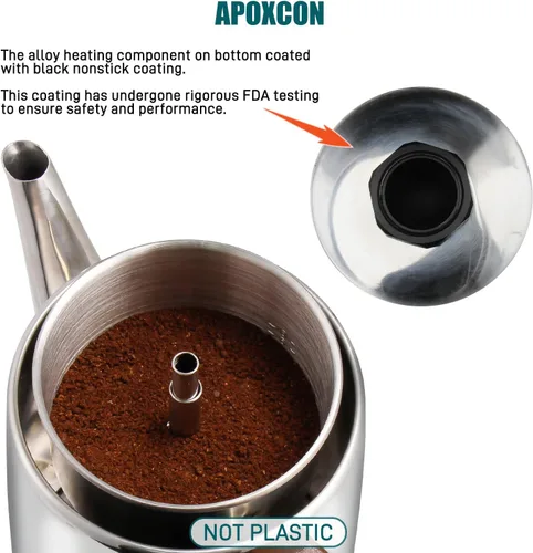 Vista 7 de APOXCON Cafetera eléctrica de acero inoxidable con dos perillas de vidrio resistentes al calor y mango de madera tratada con función de mantener