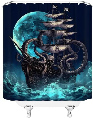 Vista 3 de Cortina de ducha náutica de pulpo, diseño de animales marinos, olas de mar, ataque, pirata, velero, barco, pulpo, tentáculos, bajo la luna, cielo