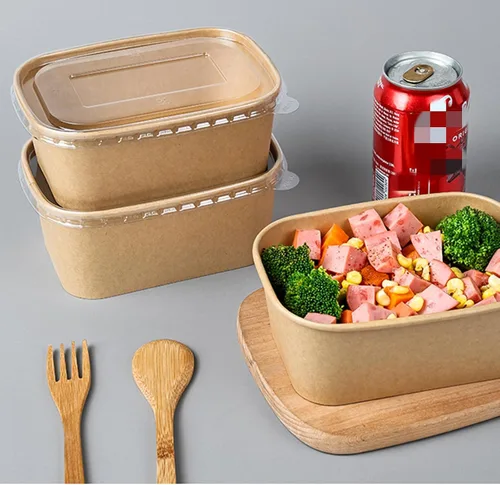Vista 7 de Paquete de 50 recipientes de papel de 25 onzas con tapas, recipientes desechables de papel Kraft, cuencos de ensalada apilables a prueba de aceite