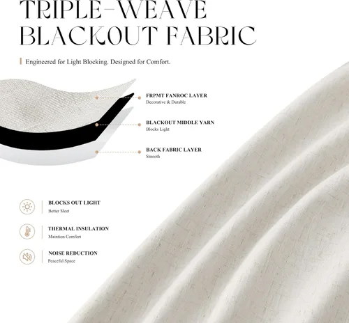 Vista 3 de Beige White Linen Blackout Curtains 90 Length 2 Panels Set for Living Room Bedroom, 100% Black Out Thermal Insulated Linen Drapes, Room Darkening