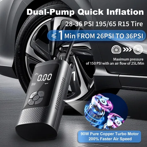Vista 4 de Inflador de neumáticos inalámbrico, bomba de aire portátil, accesorios para automóvil y motocicleta, doble bomba, inflado rápido de 1 s, 150 PSI