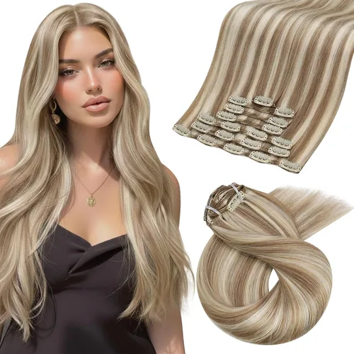 Vista 81 de Moresoo Extensiones de cabello humano con clip, balayage, color marrón oscuro a marrón dorado con clip, extensiones de cabello humano con clip, 5