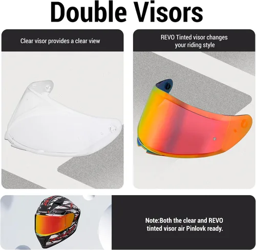 Vista 2 de SR6 Casco de motocicleta de cara completa, equipado con viseras transparentes y multicolor aprobado por DOT Casco de carreras callejeras