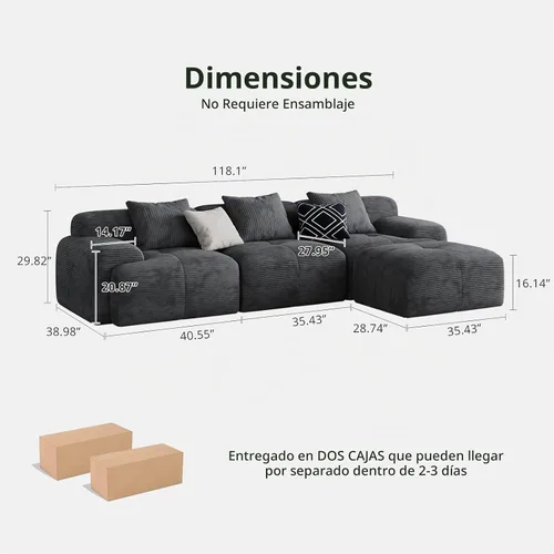 Vista 2 de Sofá Seccional Modular Moderno en Forma de L para Sala de Estar, Sofá de 3 Plazas de Gran Tamaño con Asiento Profundo y Otomana Móvil – Sin Montaje