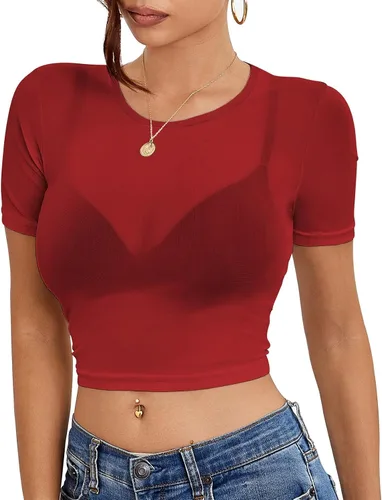Vista 6 de Camiseta corta de malla para mujer, sexy, transparente, para mujer Negro