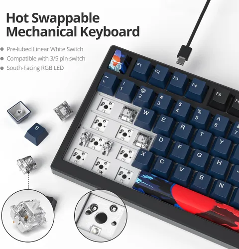 Vista 3 de Fogruaden Teclado mecánico azul cremoso con almohadilla numérica, teclado RGB para juegos intercambiable en caliente, diseño completo de 98 teclas