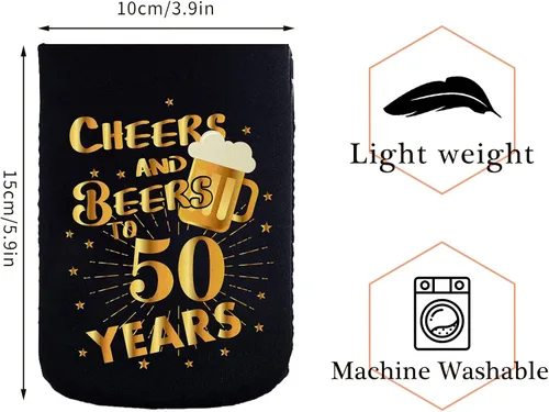 Vista 2 de JOELELI Decoraciones para fiestas de cumpleaños número 50, fundas de neopreno para latas de cerveza, decoraciones de 50 aniversario y regalo