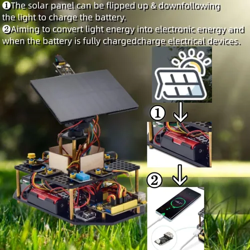 Vista 4 de KEYESTUDIO Kit electrónico de seguimiento solar DIY para Arduino, carga de teléfono inteligente, sensor de temperatura y humedad, sensor de luz