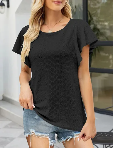 Vista 2 de MEROKEETY Camisetas de verano con mangas con volantes para mujer, cuello redondo, ajuste holgado, estilo casual