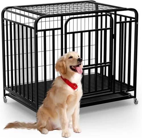 Vista 6 de 42 Heavy Duty Metal Pet Dog Cage Crate 3-Door Lock Design Kennel with 4 Brake Wheels & Removable Bottom Tray