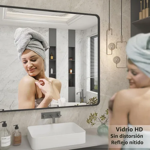 Vista 3 de Paquete de 2 espejos de baño con marco de metal negro de 22 x 30 pulgadas, espejo rectangular redondeado negro mate, antioxidante, se cuelga