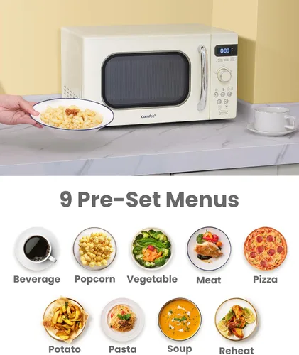 Vista 3 de COMFEE' Horno de microondas pequeño retro con tamaño compacto, 9 menús preestablecidos, plato giratorio con memoria de posición, función
