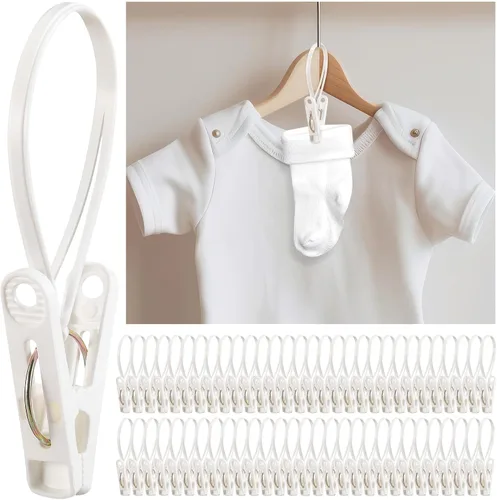Vista 8 de Honeydak Paquete de 30 Ganchos Multiusos para Lavandería Clips Colgantes a Granel con Clips Colgadores de Cuerda de Plástico para Ropa de Bebé Blanco