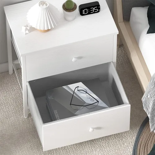 Vista 4 de BOLUO Mesita de noche blanca con 2 cajones para dormitorio, mesita de noche pequeña con cajones de tela, mesita de noche moderna