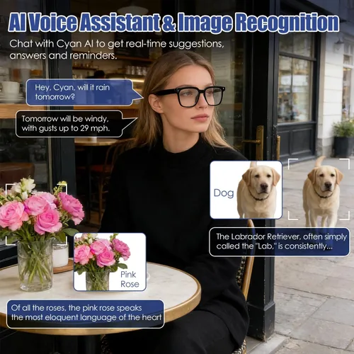 Vista 4 de Lentes inteligentes AI inalámbricos AI Chat con cámara 139 idiomas traducción en tiempo real Audio 8MP HD1080P Asistente de voz Reconocimiento