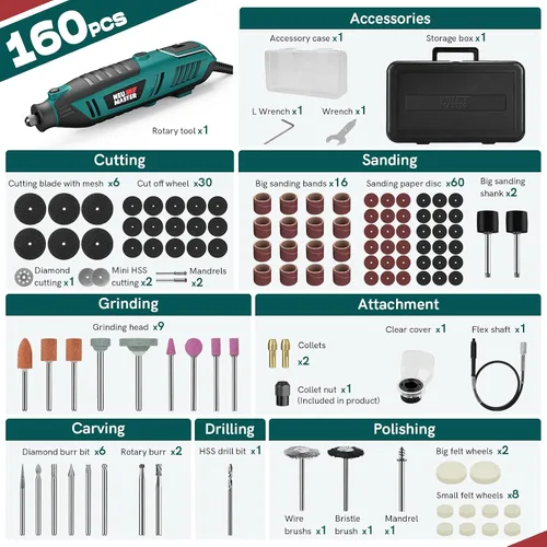 Vista 6 de NEU MASTER Kit de herramientas rotativas de 180 W con 160 accesorios, juego de herramientas rotativas con cable de 6 velocidades 10000-35000 RPM