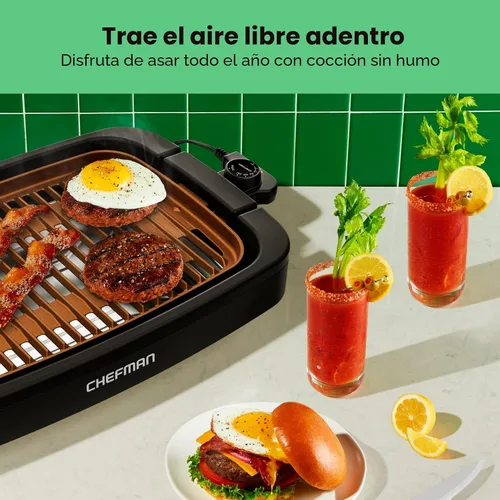Vista 3 de Chefman Parrilla Eléctrica de Interior Sin Humo, Cobre, Extra Grande, Parrilla de Mesa Antiadherente para Asar en Interiores y BBQ con Control