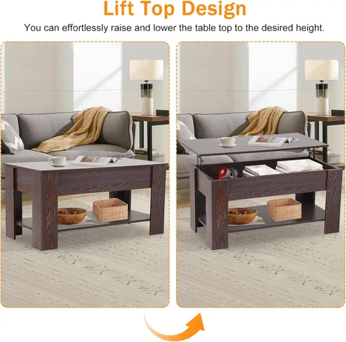Vista 3 de Mesa de centro elevable para sala de estar, mesa de centro de madera con estante de almacenamiento/compartimento oculto, mesa de centro moderna