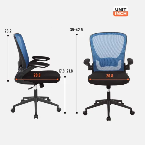 Vista 3 de Silla ergonómica de malla para oficina, con respaldo lumbar, giratoria, con ruedas, ejecutiva, con brazos y respaldo medio ajustable, para Azul