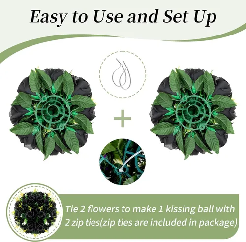 Vista 5 de BLOSMON Bolas de Flores para Bodas, Centros de Mesa de Rosas, 2 Piezas, Flores Artificiales Negras, Bolas Florales Colgantes, Decoración de Arreglos