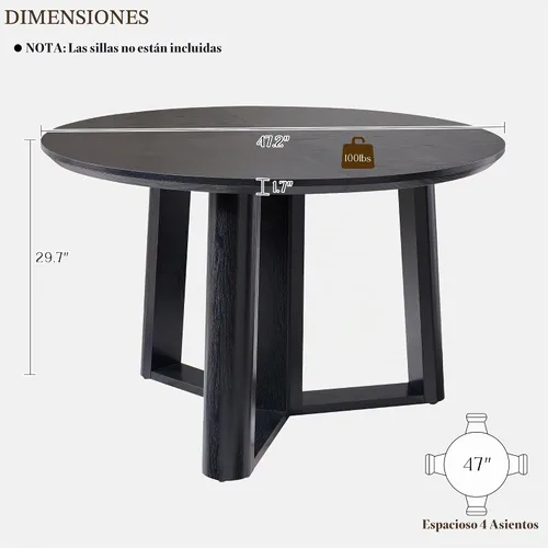 Vista 2 de OKD Mesa de comedor de 47 pulgadas para 4-6, mesa de comedor redonda con estructura triangular, base estable de pedestal, borde de mesa curvado