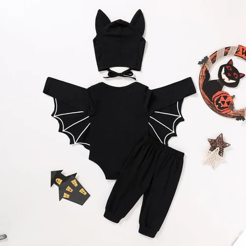 Vista 3 de YOUNGER TREE Conjunto de ropa de invierno para bebés y niñas pequeñas, con capucha de murciélago negro, con bolsillo y cremallera