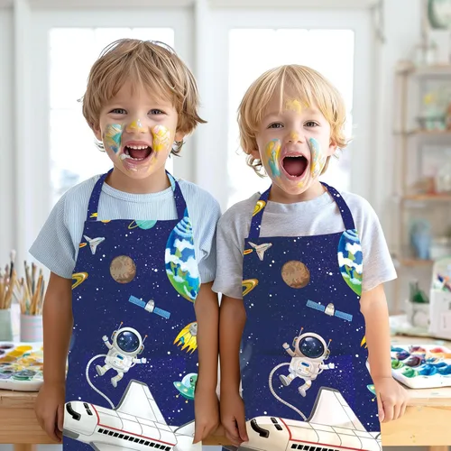 Vista 2 de DECOWALL AP-004 - Delantal para niños, planetas espaciales para niños y niñas, delantales de cocina con bolsillo para niños, cocina, hornear