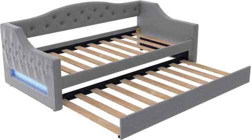 Vista 7 de Cama Diván Moderna Tamaño Twin XL con Cinturón LED y Cama Nido, Marco de Cama Plataforma de Madera con Cabecera Tapizada con Almacenamiento, Sofá