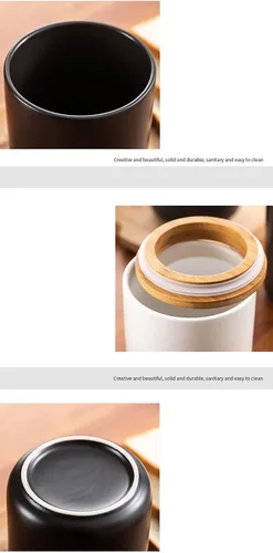 Vista 9 de Sello de almacenamiento de alimentos de cerámica de color puro Pot Spice Jar Sugar Bowl con tapa de bambú-café-negro