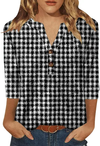 Vista 19 de Dimur Camisetas de manga 3/4 con cuello en V y botones para mujer, traje casual de negocios, camiseta básica de verano 2025