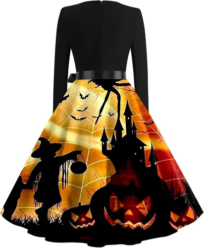 Vista 2 de Vestidos de Halloween para mujer, de manga larga, vestido de cóctel con vuelo, estampado de bruja de calabaza, disfraz de fiesta de cosplay, vestido