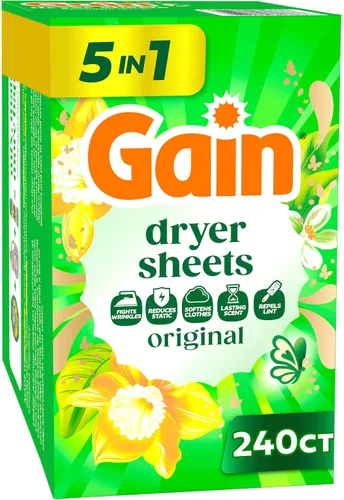 Vista 10 de Gain Hojas de secadora Plus Wrinkle Release, aroma original, 120 unidades, combate la estática con un toque de aroma, sábanas de lavandería