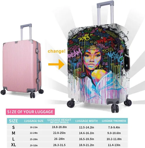Vista 6 de NELife Protector de maleta de viaje para niña afroamericana, elástica, lavable, con cremallera oculta, adecuada para 18-32 pulgadas, -M, Blanco