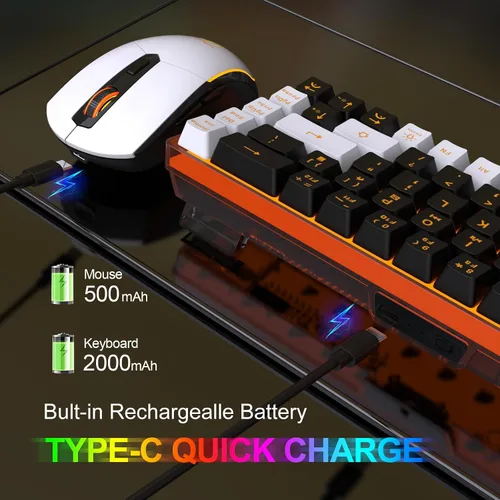 Vista 3 de Snpurdiri Combo de teclado y mouse inalámbricos 60% para juegos, batería recargable con retroiluminación naranja de 2000 mAh, mini teclado