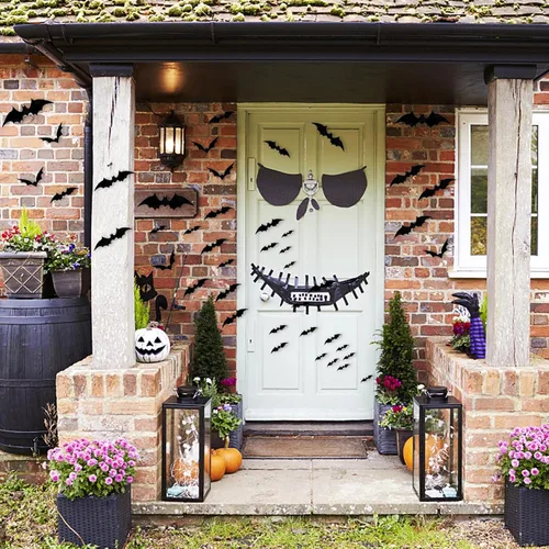 Vista 7 de Decoraciones de Halloween de murciélagos, 100 piezas de decoración de pared de murciélagos 3D, 6 tamaños de calcomanías de murciélago de PVC