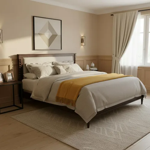 Vista 3 de Merax Base de cama de plataforma de madera maciza tamaño King, cabecera tapizada y eje clásico y con panel de tela, no necesita somier, capacidad