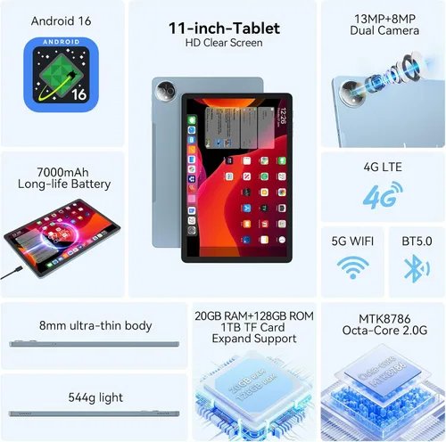 Vista 2 de Tablet de 11 pulgadas Android 15, última actualización de 2026, 128 GB ROM 16 GB RAM, tabletas 4G LTE, 5G WiFi+Celular, Octa-Core MTK8786, cámara