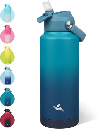 Vista 15 de Konokyo - Botella de agua deportiva aislada de acero inoxidable de 18 onzas con tapa con popote Black; BPA-free, leak-proof sports bottle with
